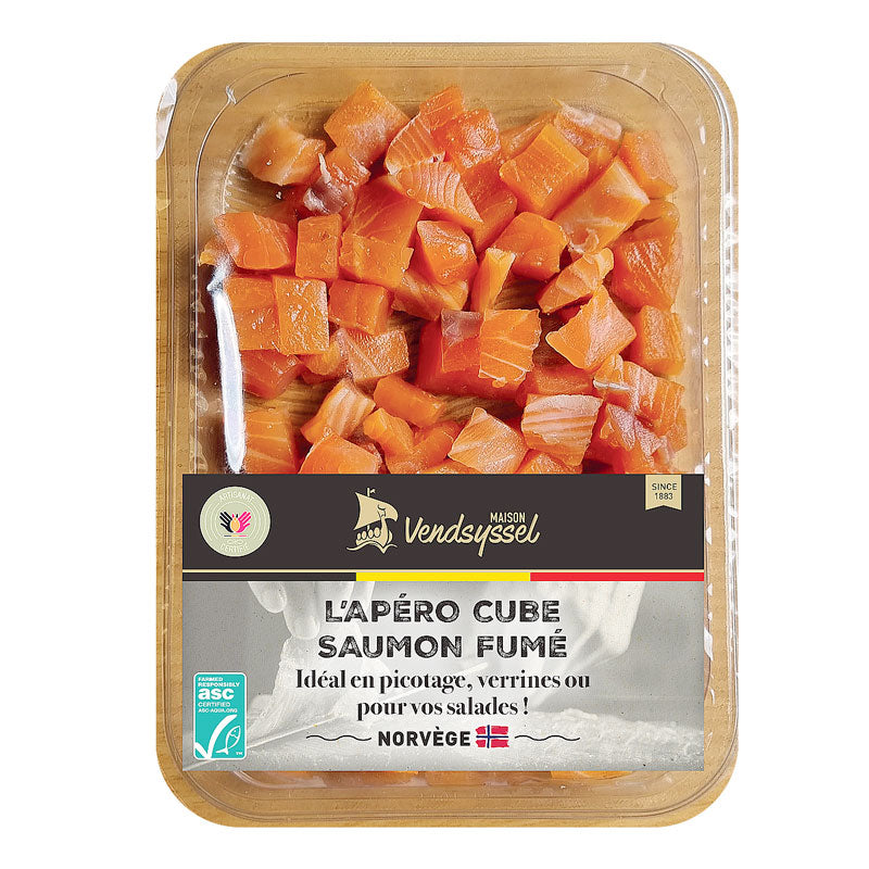 Dés de saumon de Norvège fumé de 170g Maison Vendsyssel. 